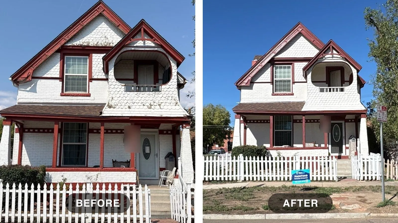 Before and after of an 1890 Victorian home in Denver's City Park neighborhood repainted in Sherwin-Williams Shoji White with Carriage Door red accents on the brick and fascia