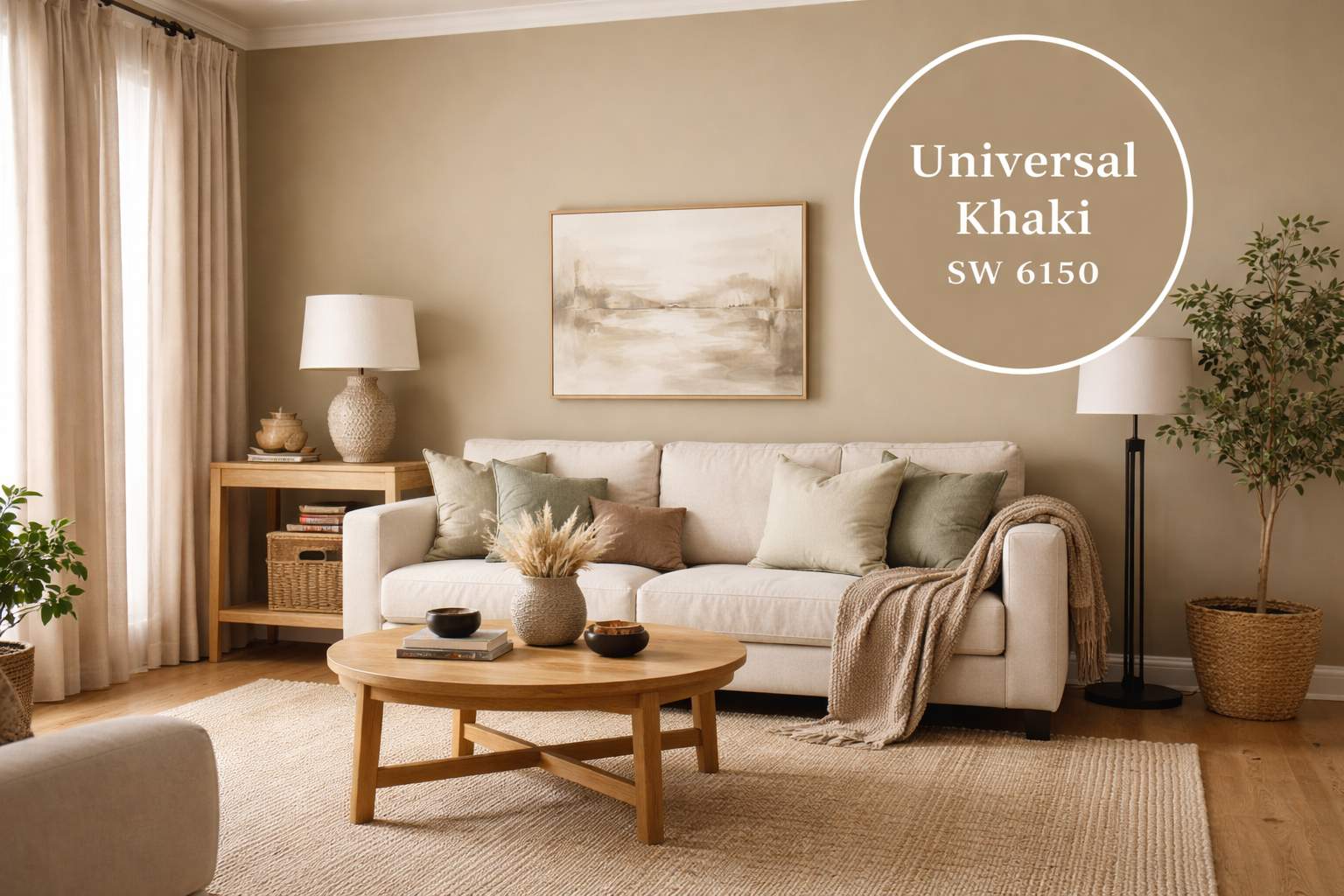 photo image of a living room featuring sherwin-williams color of the year: universal khaki